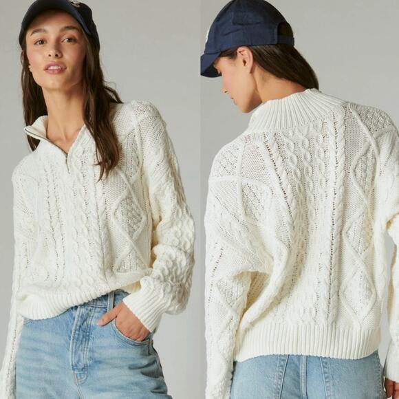 Lucky Brand Cable Knit Zip Henley Mock Neck Sweater Egret Ivory S Fishermancore - Picture 1 of 14